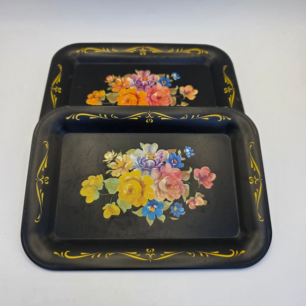 Vintage Set of 6 Black Floral Tin Trays Toleware Style Small Appetizer 6.5x4.5